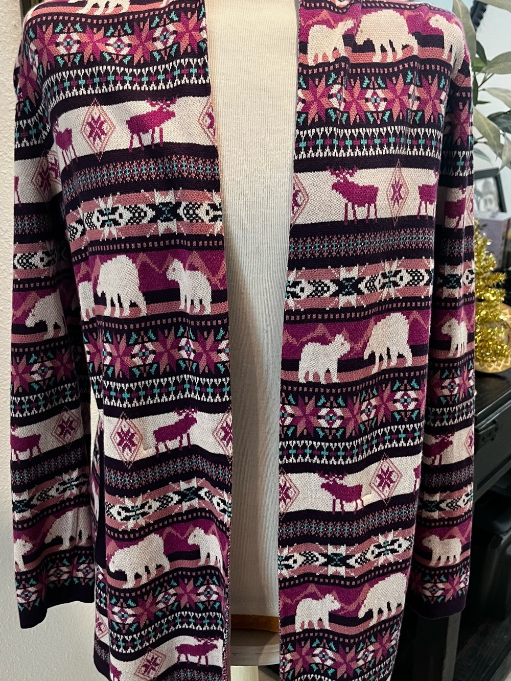 Lands' End Open-Front Fair Isle Cardigan - Purple & Cream